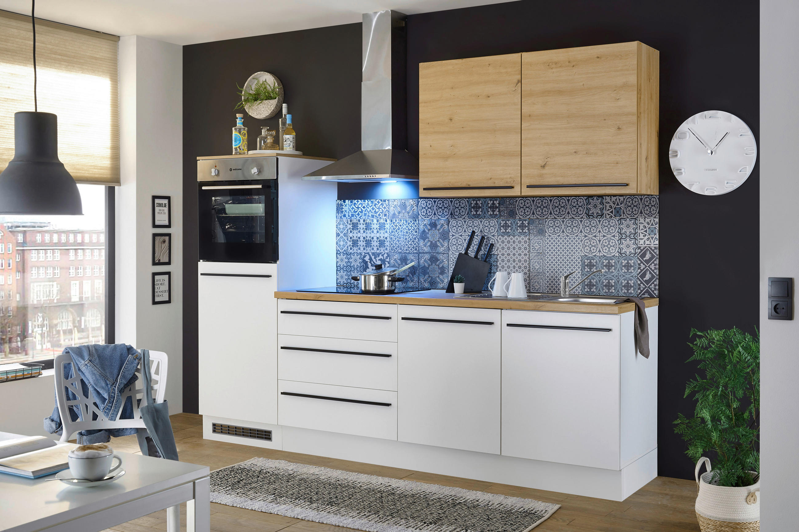KUHINJSKI BLOK BEZ UREĐAJA bela, hrast artisan - bela/crna, Moderno, pločasti materijal/plastika (260cm)