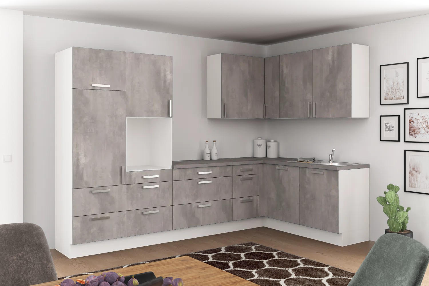 Eckküche Ip1200 ohne Geräte 320x185 cm Betonoptik