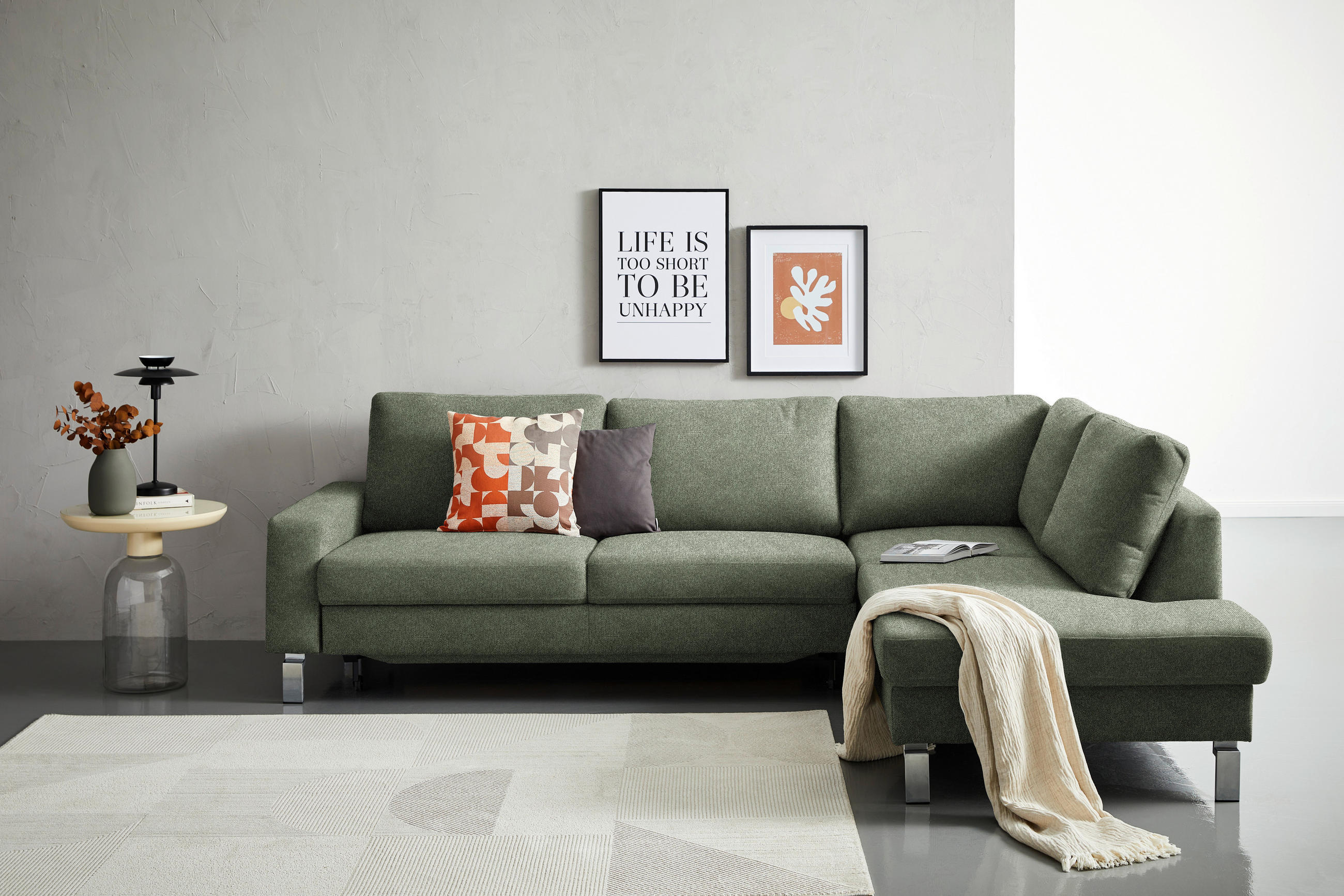 ECKSOFA in Flachgewebe Olivgrün  - Chromfarben/Olivgrün, Design, Textil/Metall (276/200cm) - Hom`in