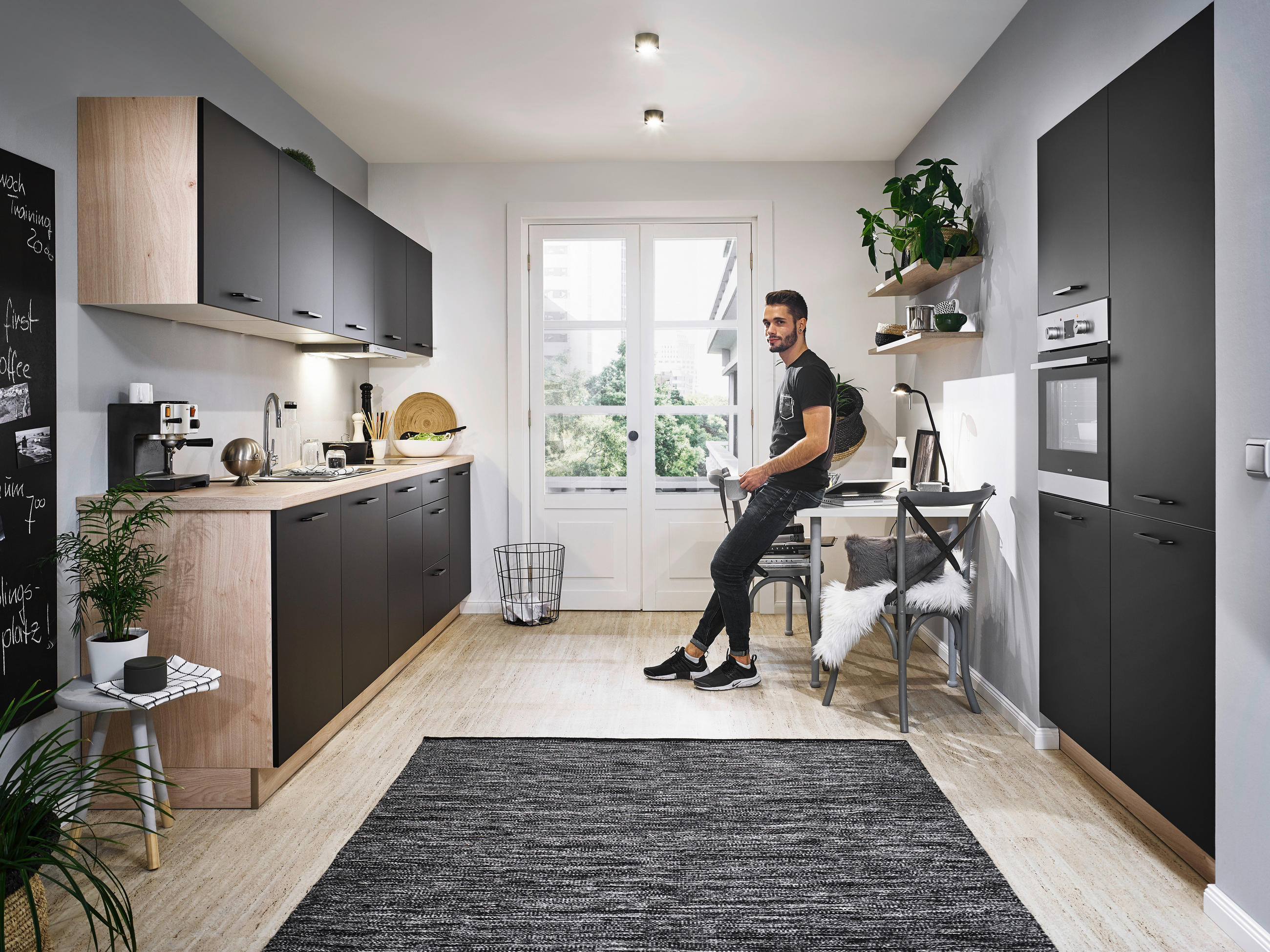 KÜCHENLEERBLOCK  305/120 cm  in Schwarz, Eichefarben  - Eichefarben/Schwarz, MODERN, Holzwerkstoff/Metall (305/120cm) - Welnova