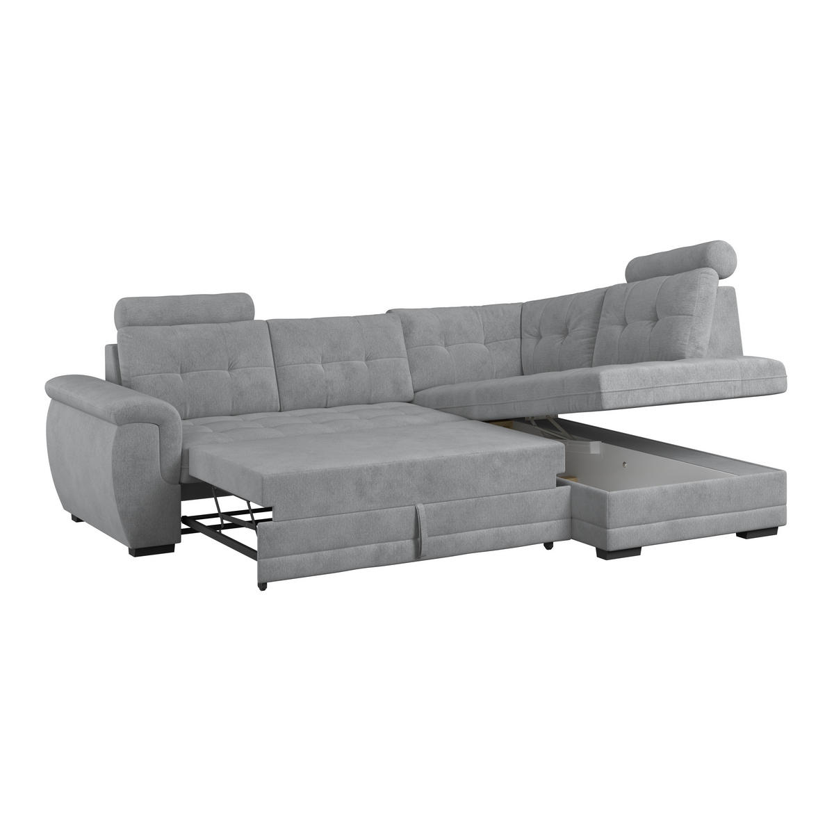 ECKSOFA Grau Mikrofaser, Struktur Bettkasten, Schlaffunktion, Rücken echt, Kopfteilverstellung, Kopfstütze  - Schwarz/Grau, KONVENTIONELL, Kunststoff/Textil (251/183cm) - MID.YOU