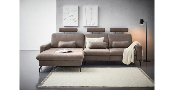 ECKSOFA  in Mikrofaser Taupe Rückenkissen, Nierenkissen, Rücken echt, Relaxfunktion, Kopfstütze  180/302 cm  - Taupe/Schwarz, KONVENTIONELL, Textil/Metall (180/302cm) - Carryhome