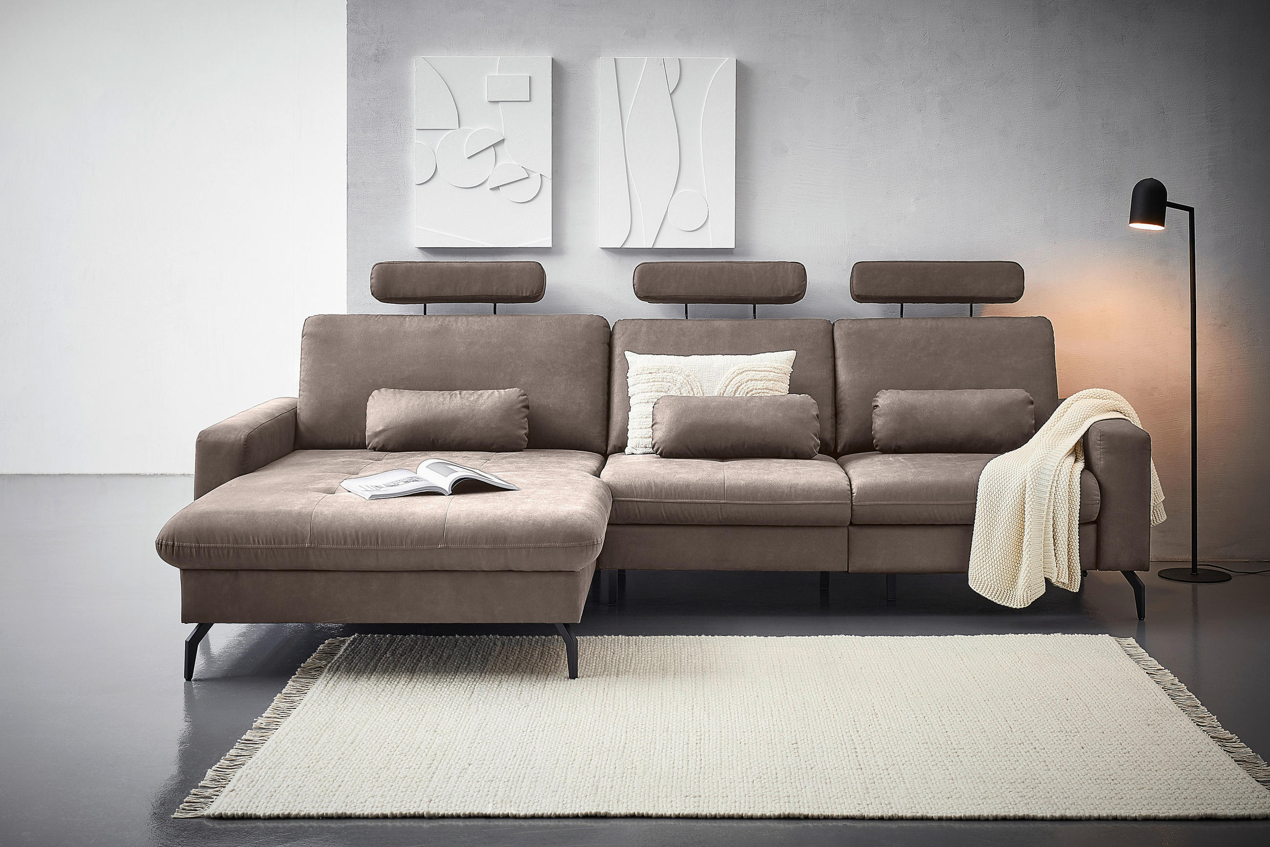 ECKSOFA Taupe Mikrofaser  - Taupe/Schwarz, KONVENTIONELL, Textil/Metall (180/302cm) - Carryhome