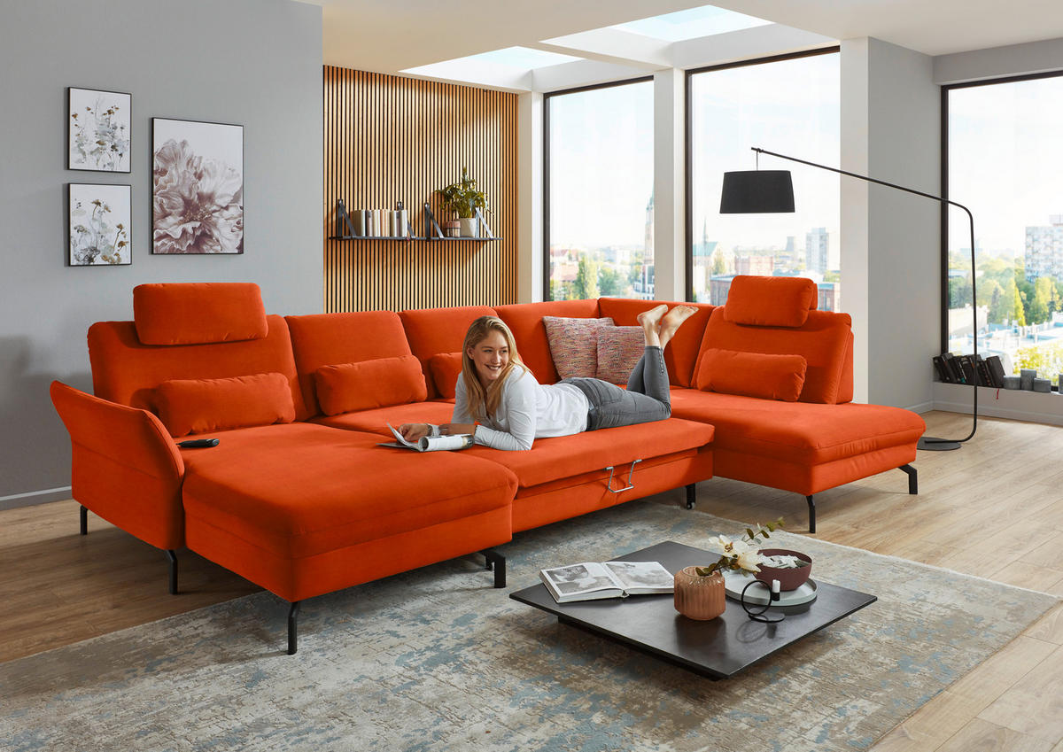 WOHNLANDSCHAFT in Velours Orange  - Schwarz/Orange, Design, Textil/Metall (179/335/220cm) - Beldomo System