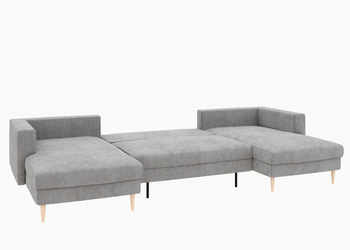 WOHNLANDSCHAFT Grau Cord  - Buchefarben/Grau, MODERN, Holz/Textil (161/306/161cm) - Trendmanufaktur