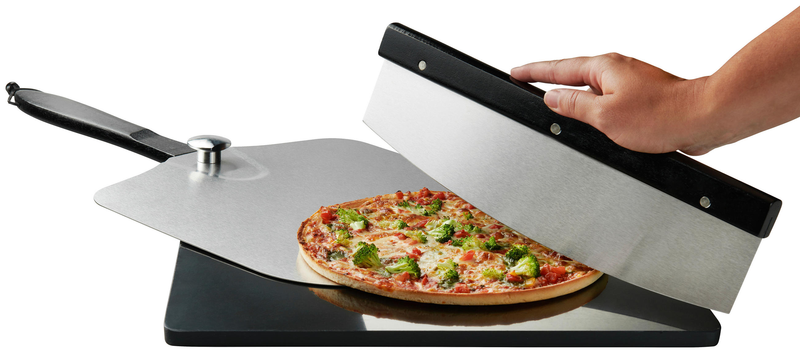 PIZZASET  - Schwarz/Alufarben, Trend, Stein/Metall (36/42/5cm)