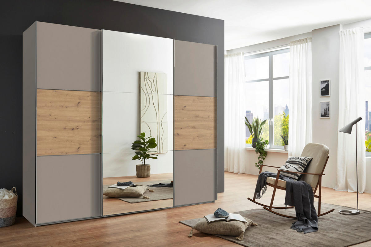 SCHWEBETÜRENSCHRANK 250/216/65 cm 3-türig Grau, Edelstahlfarben, Eiche Artisan  - Edelstahlfarben/Eiche Artisan, KONVENTIONELL, Glas/Holzwerkstoff (250/216/65cm) - Stylife