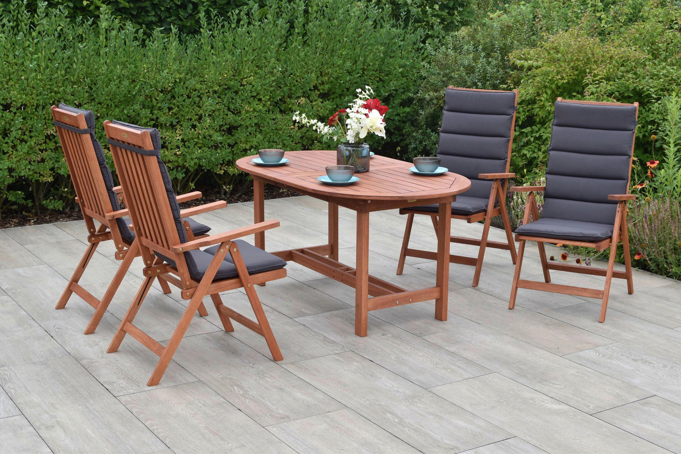 GARTENTISCHGRUPPE Eukalyptusholz Hartholz  - Eukalyptusholzfarben/Grau, KONVENTIONELL, Holz/Textil - Gardenson