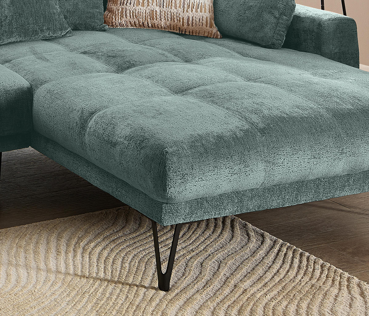 ECKSOFA GARDA Türkis Chenille Zierkissen, Rückenkissen, Nierenkissen, Rücken echt  - Türkis/Schwarz, KONVENTIONELL, Textil/Metall (310/192cm) - Livetastic