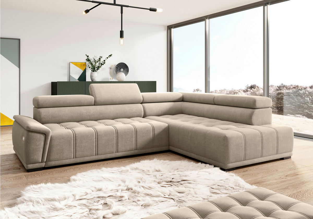 HÖRNSOFFA i chenille, vävt tyg beige  - beige/svart, Modern, textil/plast (283/106cm) - MID.YOU