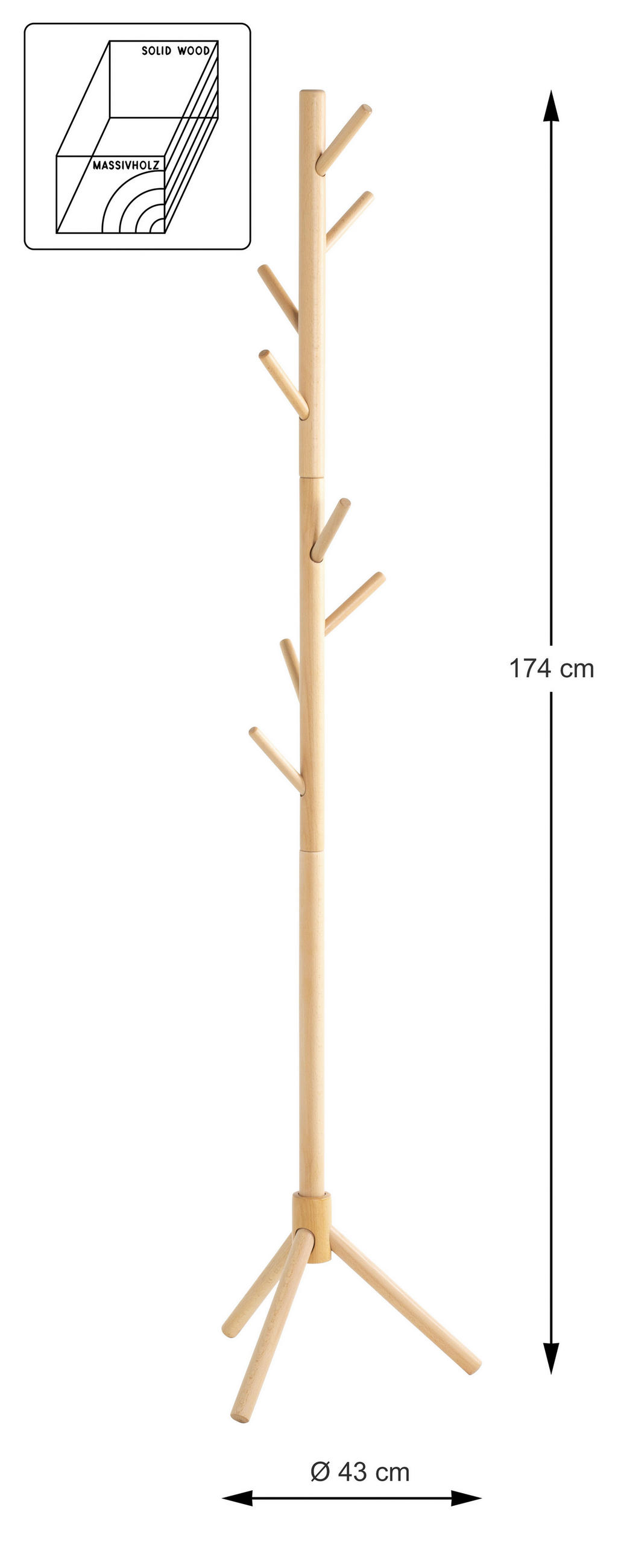 ŠATNÍ STOJAN - přírodní barvy, Konvenční, dřevo (43/174/43cm)