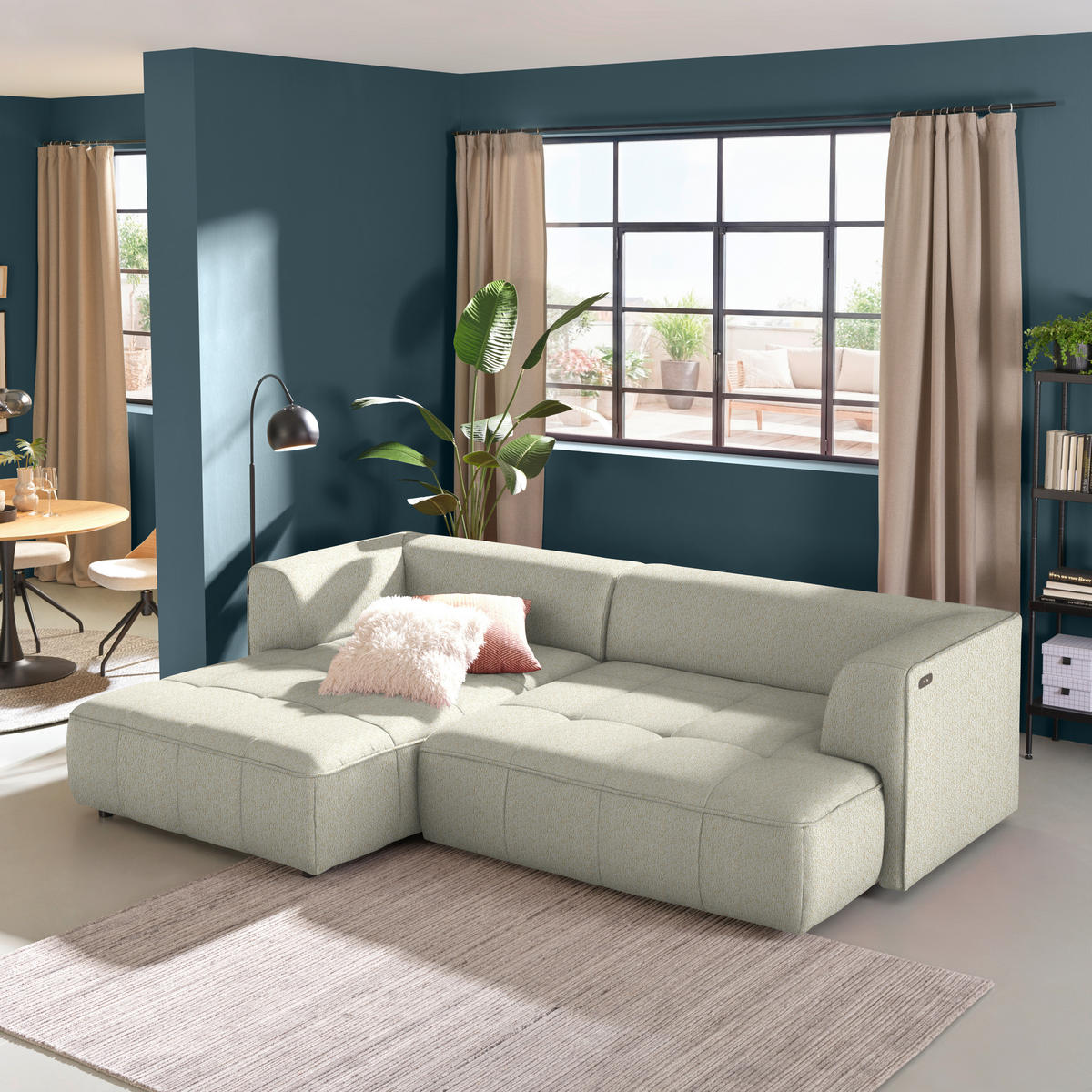 ECKSOFA Webstoff Creme  - Creme/Schwarz, Design, Kunststoff/Textil (188/288cm) - Welnova