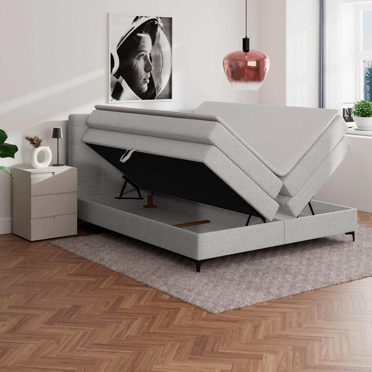 BOXSPRINGBETT 200/200 cm,  in Silberfarben, H3 = fest  - Silberfarben/Schwarz, KONVENTIONELL, Kunststoff/Textil (200/200cm)