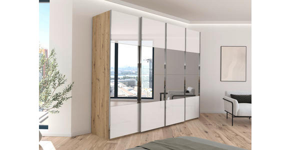 SCHWEBETÜRENSCHRANK  in Weiß, Eiche Artisan  - Chromfarben/Weiß, Design, Glas/Holzwerkstoff (271/235/68cm) - Novel