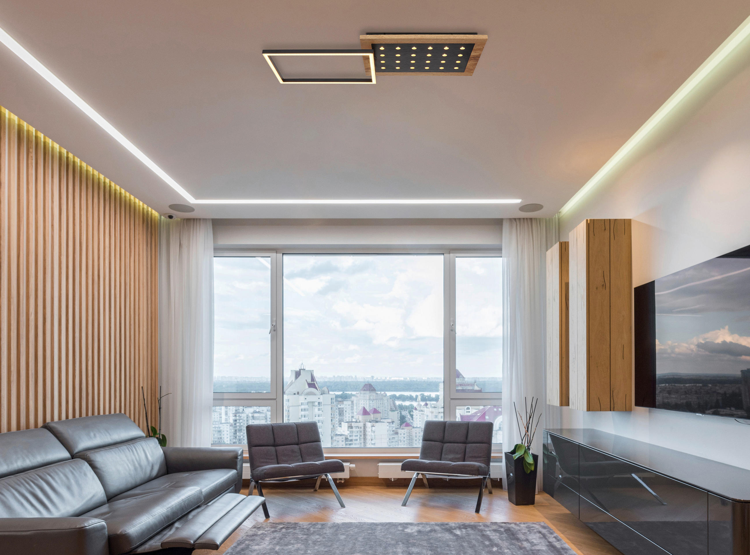 LED-DECKENLEUCHTE 63,5/27/8,5 cm   - Dunkelbraun/Opal, Natur, Holzwerkstoff/Kunststoff (63,5/27/8,5cm) - Globo