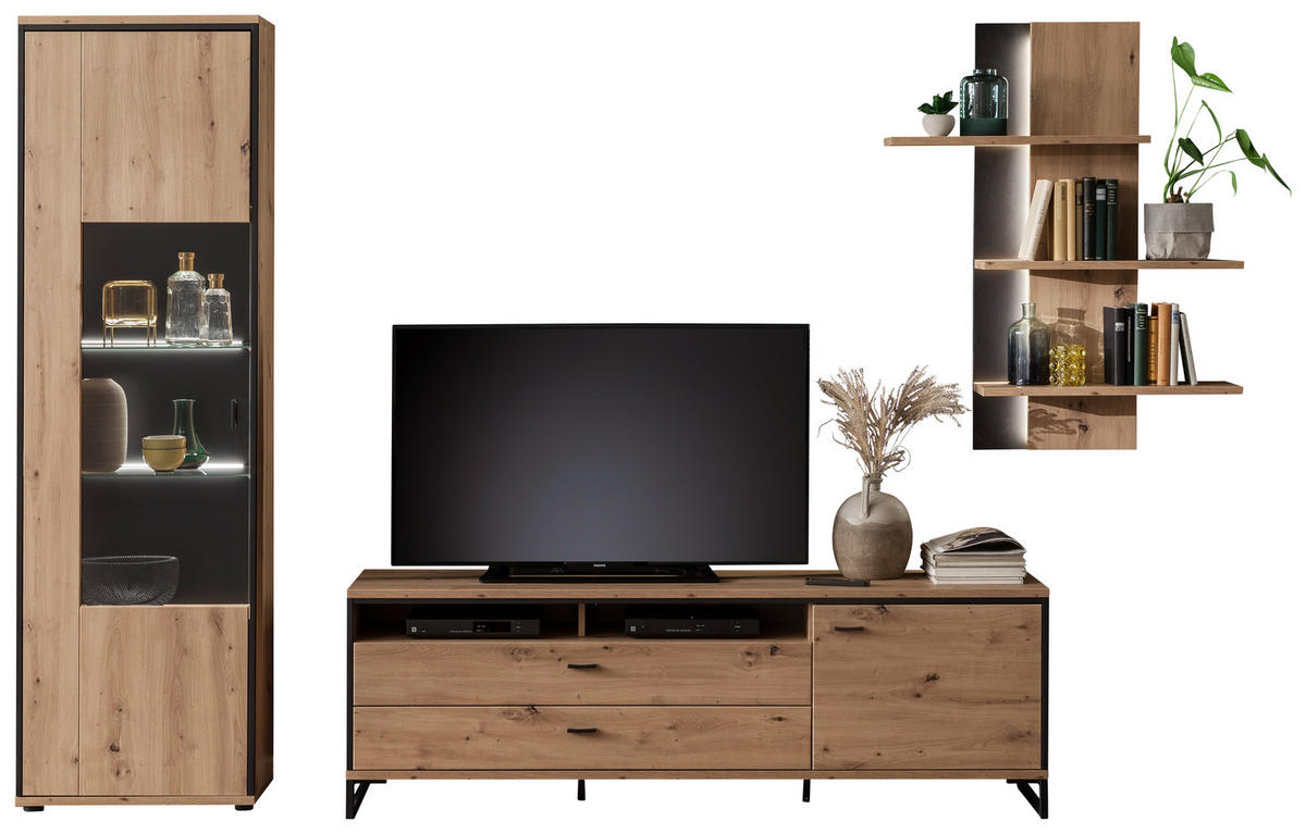 REGAL ZA DNEVNI BORAVAK antracit, boje hrasta   - boje hrasta/antracit, Design, staklo/drvni materijal (307/210/50cm) - MID.YOU