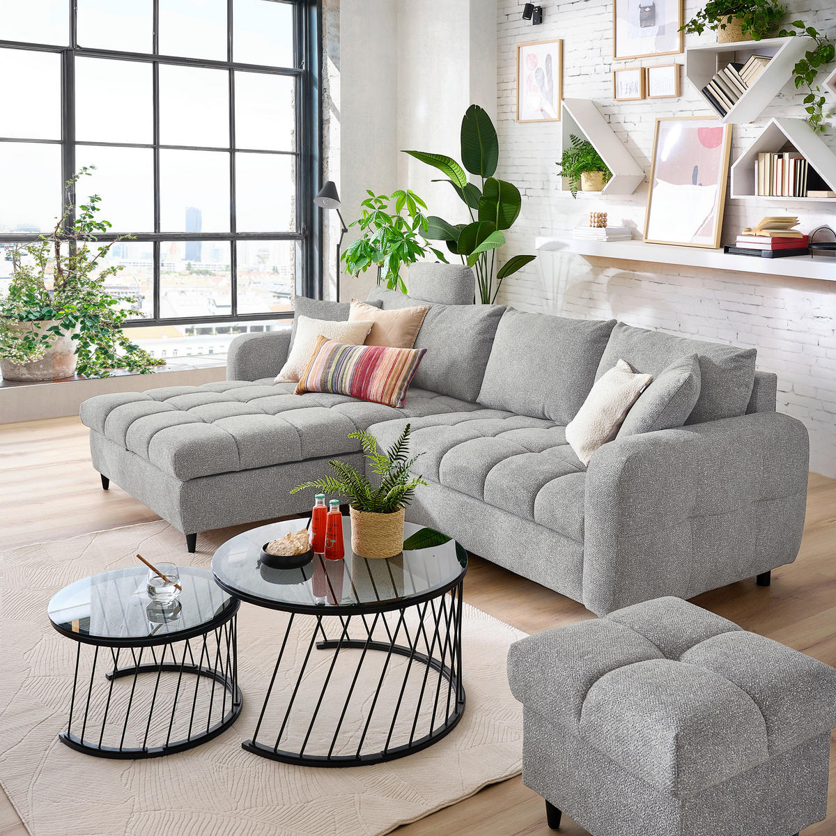 ECKSOFA inkl. Funktionen Hellgrau Velours  - Hellgrau/Schwarz, MODERN, Holz/Textil (282/184cm) - Lomoco