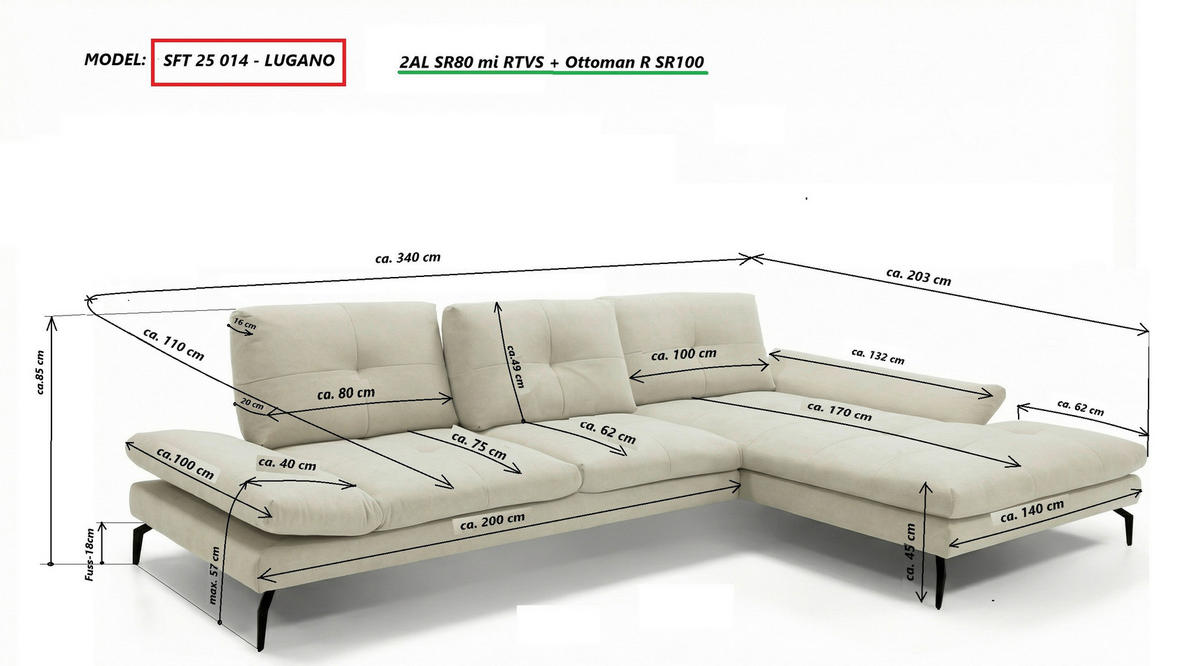 ECKSOFA Hellgelb Struktur Rücken echt  - Hellgelb/Schwarz, Design, Textil/Metall (340/203cm) - Chilliano