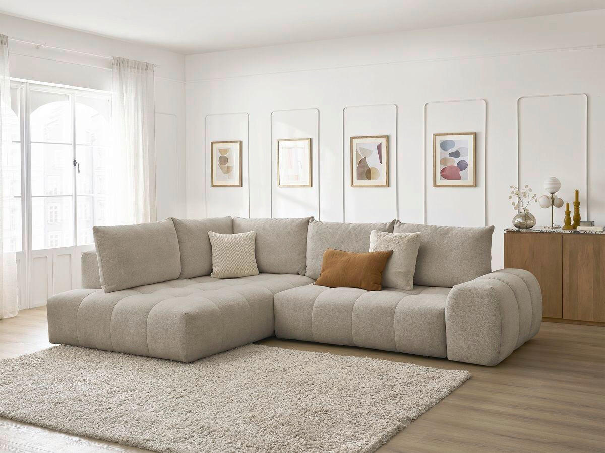 ECKSCHLAFSOFA EVEREST  mit Rücken echt, Armteil links, Armteil rechts Flachgewebe Taupe  - Taupe/Schwarz, MODERN, Kunststoff/Textil (320/212cm)