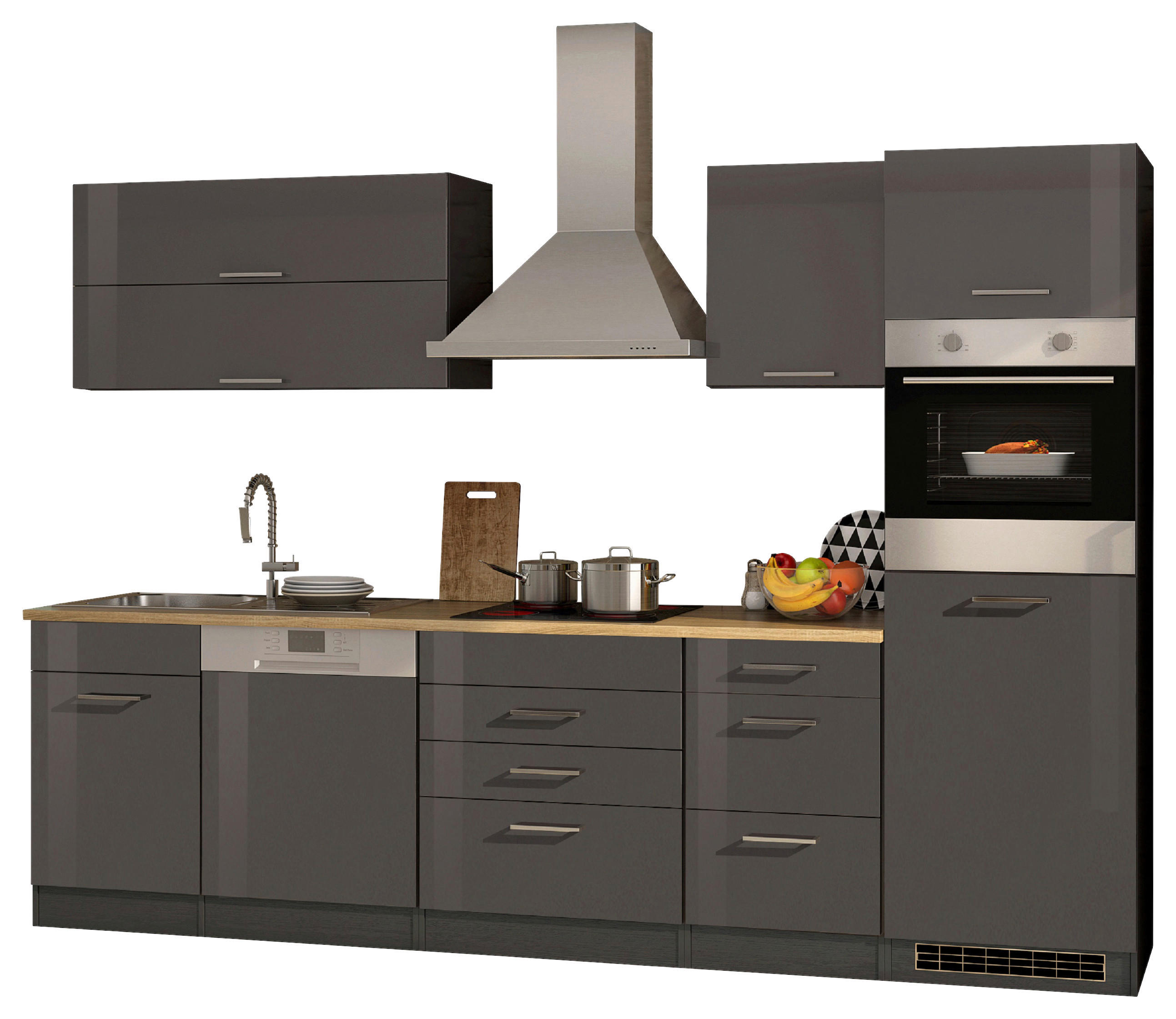 KÜCHENBLOCK 300 cm   in Graphitfarben  - Silberfarben/Graphitfarben, MODERN, Holzwerkstoff/Metall (300cm) - Held