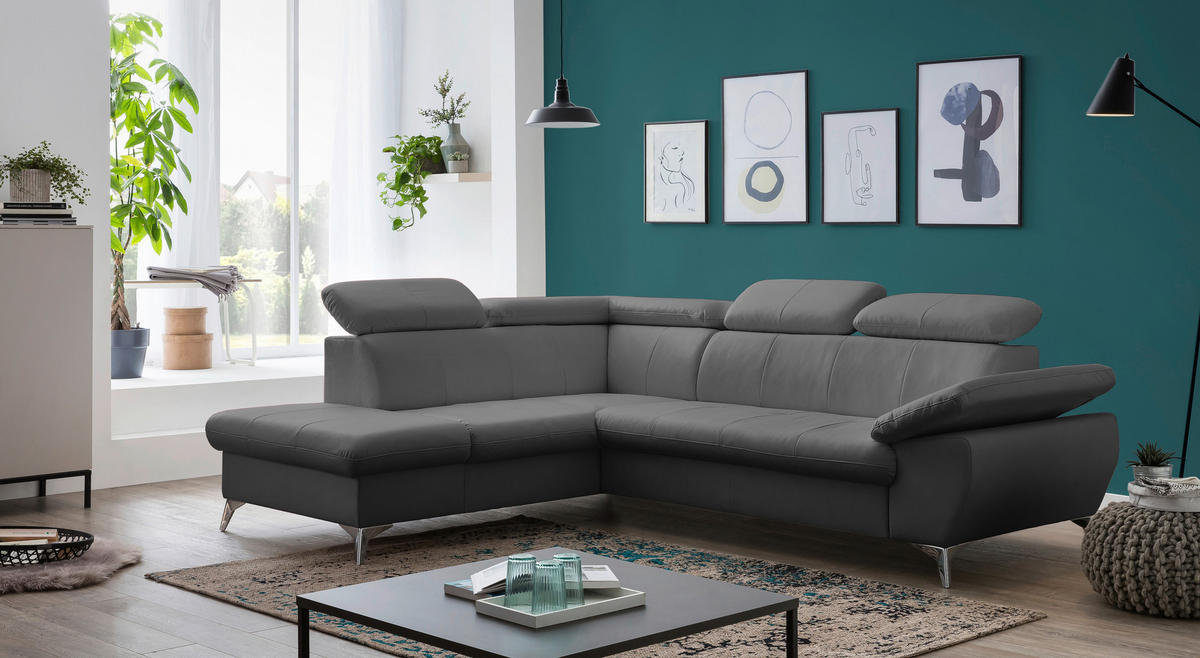 ECKSOFA in Lederlook Grau  - Chromfarben/Grau, KONVENTIONELL, Textil/Metall (209/256cm) - Livetastic