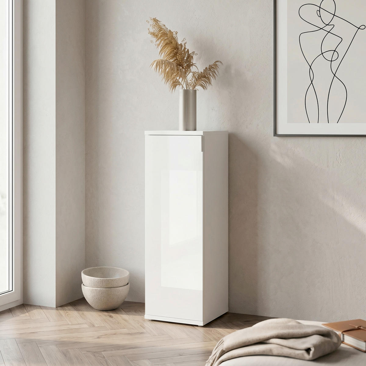 Comodă 32,5/97/37 cm  - alb/culoare crom, Modern, metal/material pe bază de lemn (32,5/97/37cm) - Modern Living