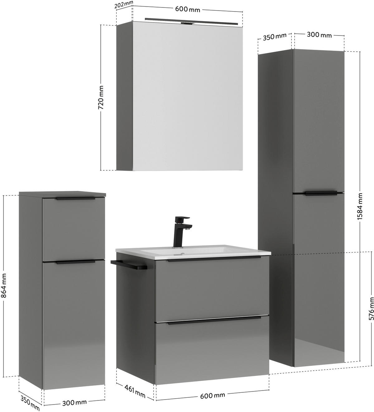 BADEZIMMER 5-teilig  in 121 cm  - Schieferfarben/Edelstahlfarben, MODERN, Holzwerkstoff/Stein (121cm) - Nobilia