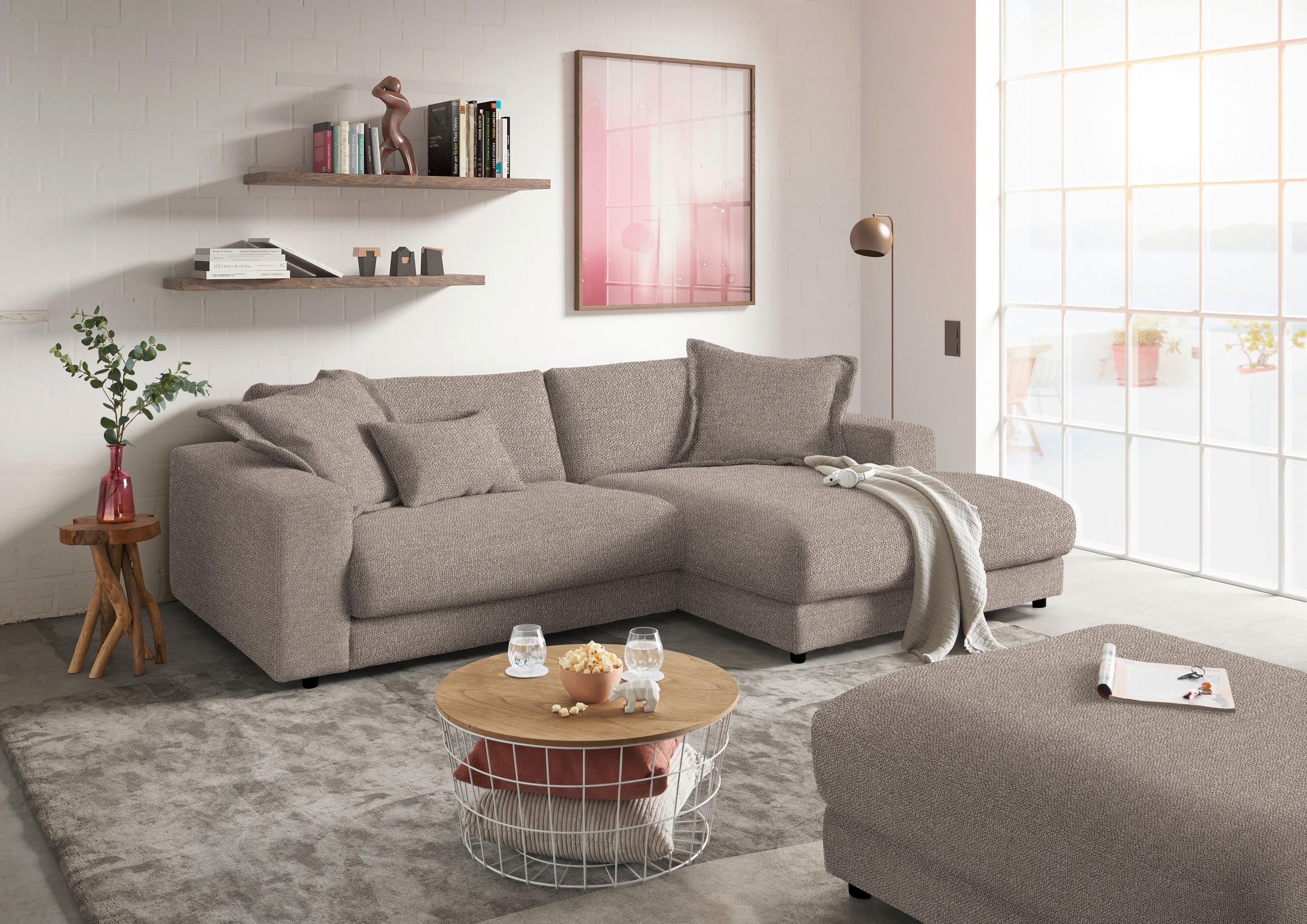 ECKSOFA in Flachgewebe Taupe  - Taupe/Schwarz, Design, Kunststoff/Textil (270/190cm) - Lomoco