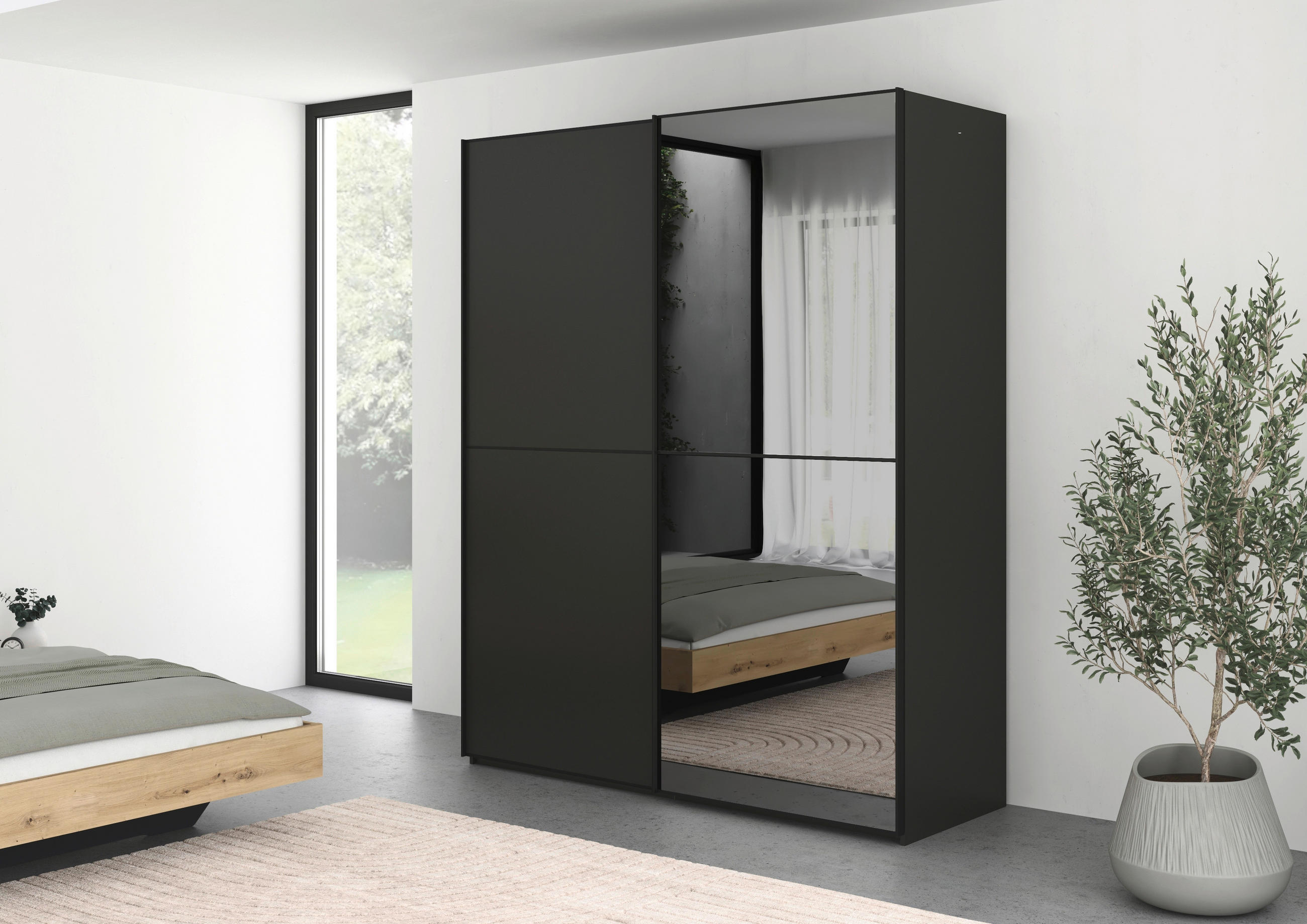 SCHWEBETÜRENSCHRANK 201/223/68 cm 2-türig Graphitfarben, Schwarz  - Schwarz/Graphitfarben, KONVENTIONELL, Glas/Holzwerkstoff (201/223/68cm) - Novel