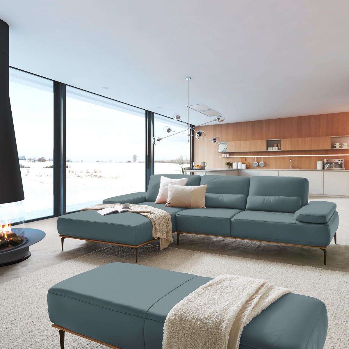 ECKSOFA in Echtleder Blau  - Blau/Bronzefarben, Design, Leder/Holz (176/314cm) - Valnatura