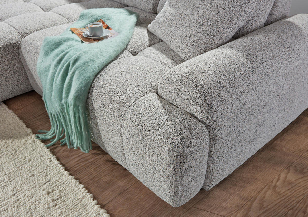 Ecksofa mit Funktion Greige Flachgewebe Zierkissen, Rückenkissen, Bettkasten, Schlaffunktion, Rücken echt, Liegefläche im Originalstoff  - Greige/Schwarz, KONVENTIONELL, Kunststoff/Textil (190/277cm) - Carryhome