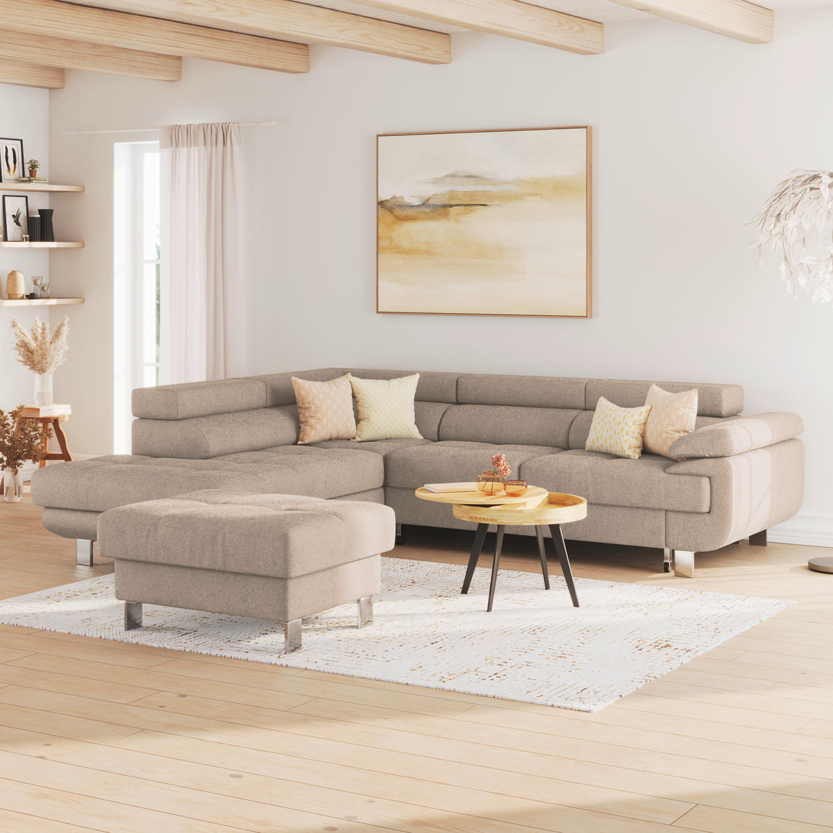ECKSOFA in Drell Beige  - Beige, Modern, Textil/Metall (230/270cm) - MID.YOU