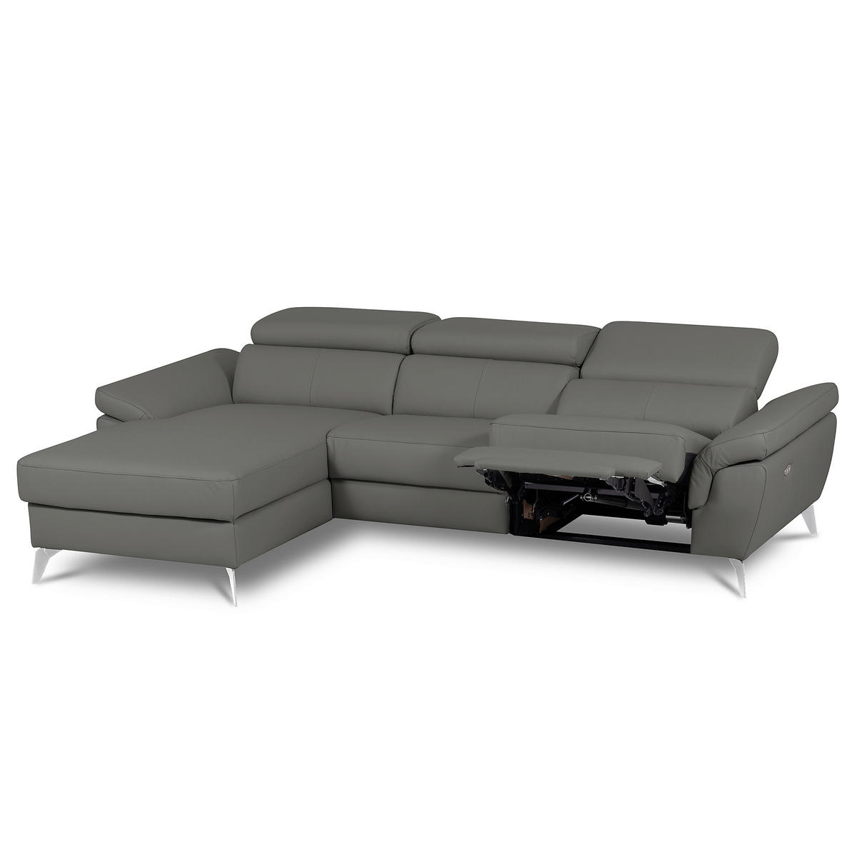 ECKSOFA SONO Anthrazit Echtleder Lederlook Bettkasten, Armteilverstellung, Kopfteilverstellung  - Chromfarben/Anthrazit, Design, Leder/Textil (252/179cm) - Livetastic