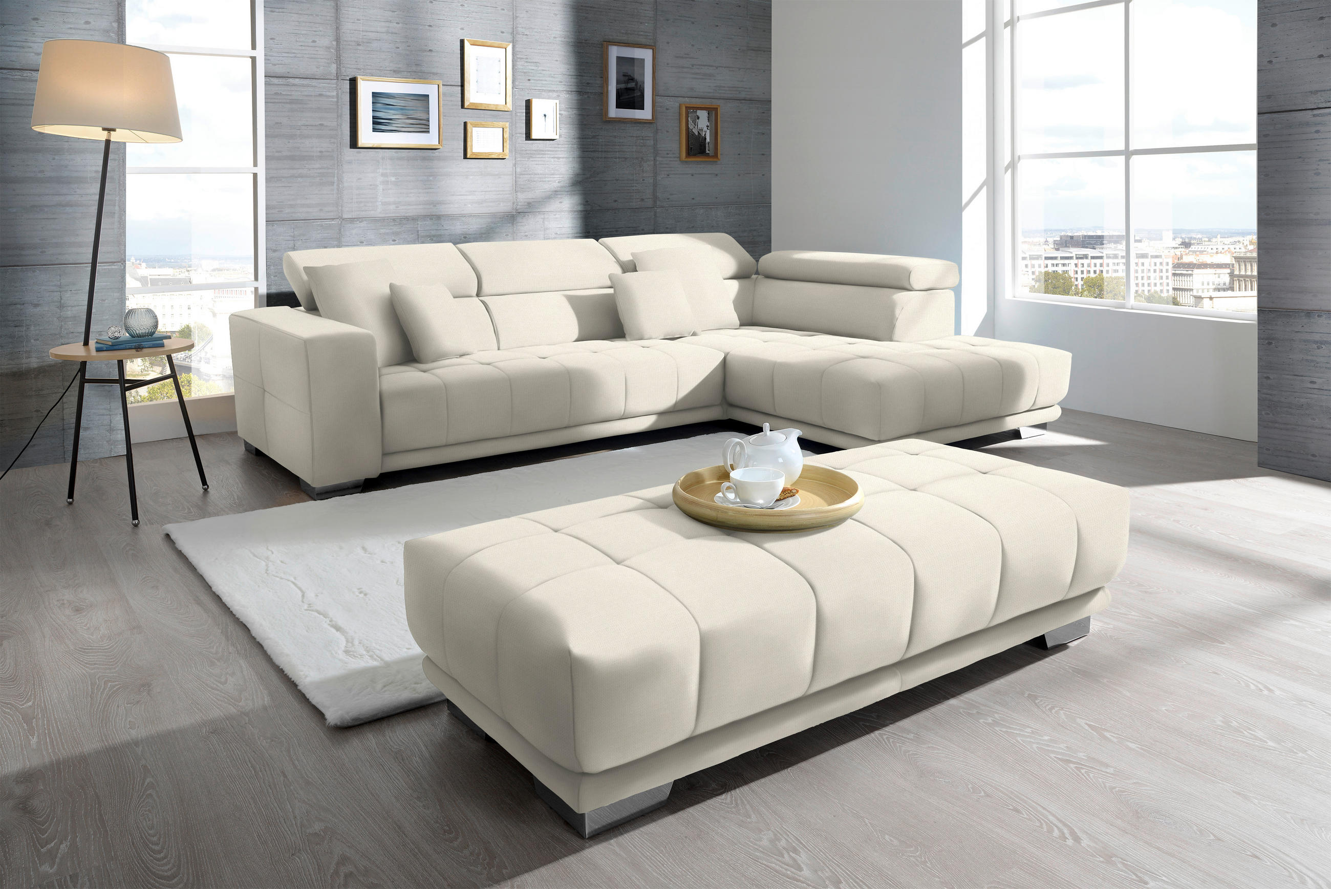 ECKSOFA in Mikrofaser Weiss  - Chromfarben/Weiss, Design, Textil/Metall (301/207cm) - Xora