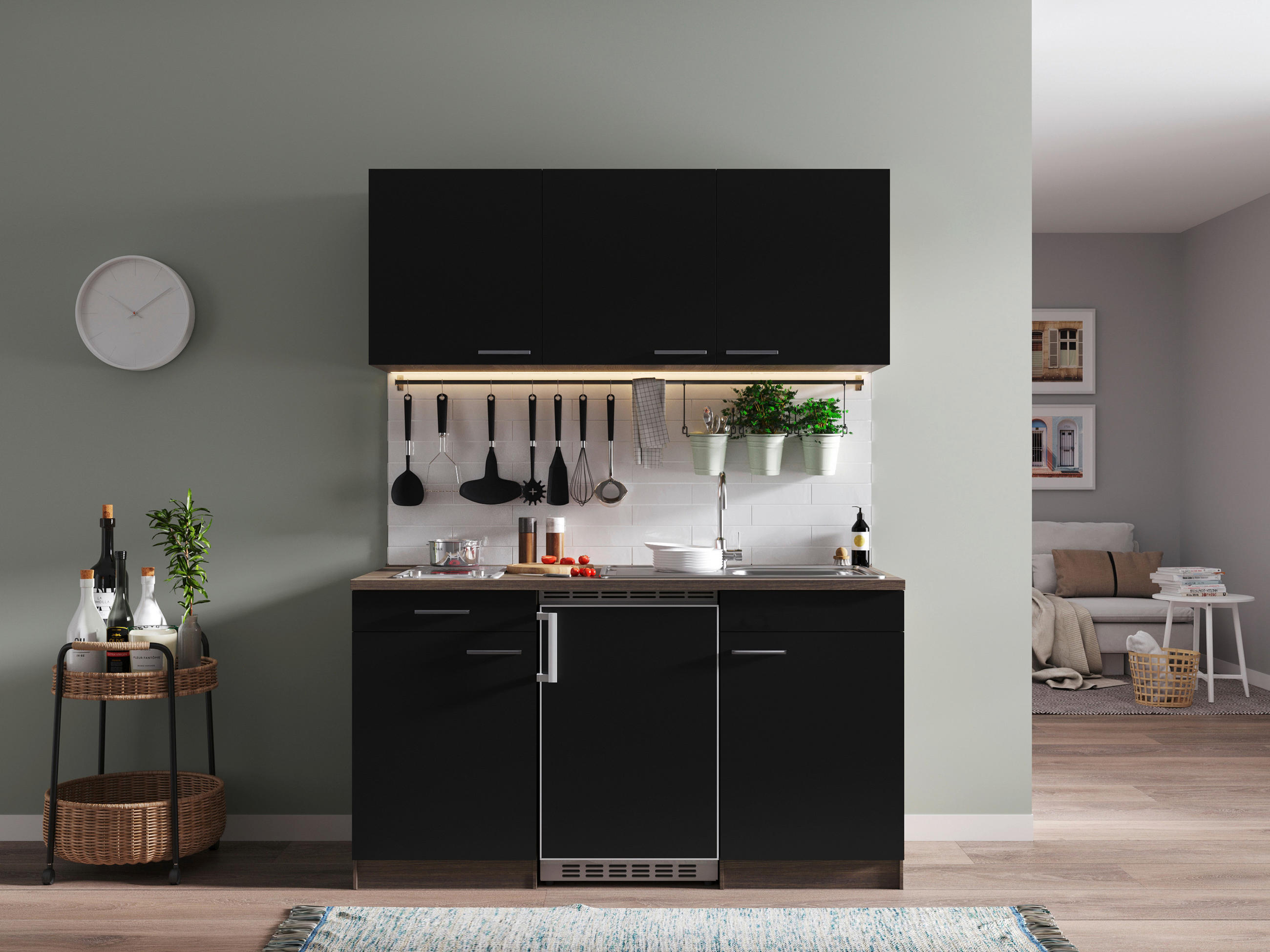 MINIKÜCHE 150 cm   in Schwarz  - Eichefarben/Alufarben, Basics, Holzwerkstoff/Kunststoff (150cm) - Respekta