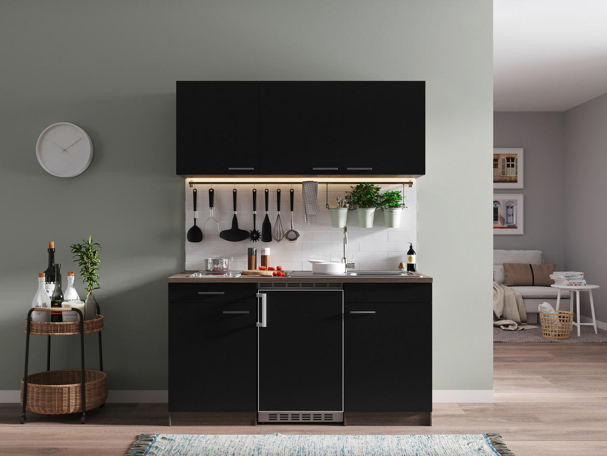 MINIKÜCHE   in Schwarz  - Eichefarben/Alufarben, Basics, Holzwerkstoff/Kunststoff - Respekta