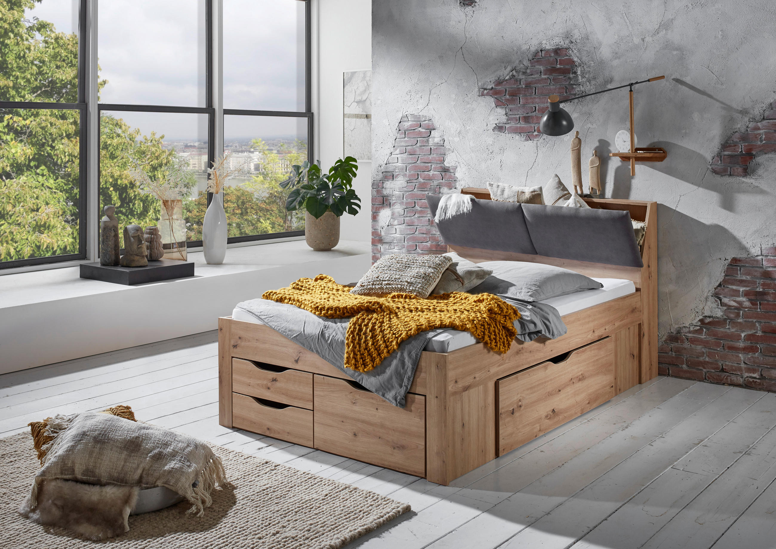 POSTELJA S PREDALOM 140 cm   x 200 cm  , hrast artisan  - siva/hrast artisan, Konvencionalno, leseni material/tekstil (237,5/145,6/103,8cm) - Carryhome
