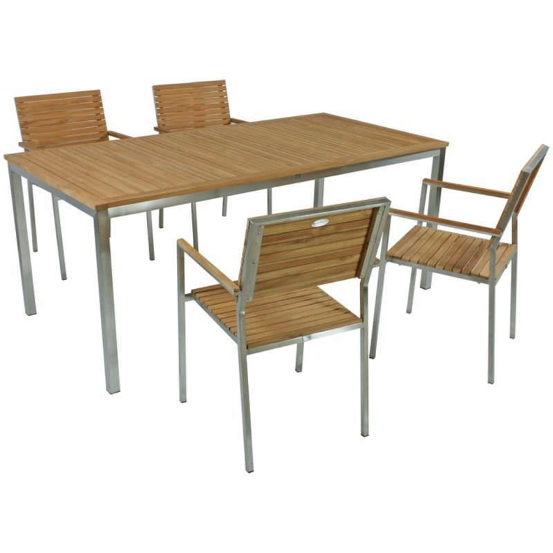 GARTENTISCHGRUPPE Teakholz Hartholz Stahl  - Silberfarben/Braun, Basics, Holz/Metall - Gardenson