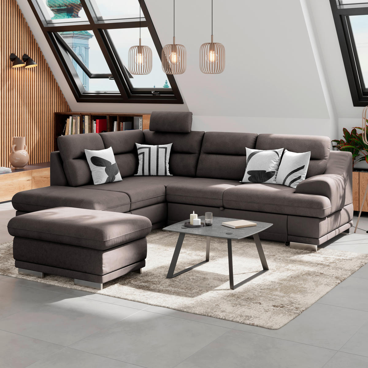 WOHNLANDSCHAFT Braun Velours  - Chromfarben/Braun, KONVENTIONELL, Textil/Metall (217/264cm) - MID.YOU