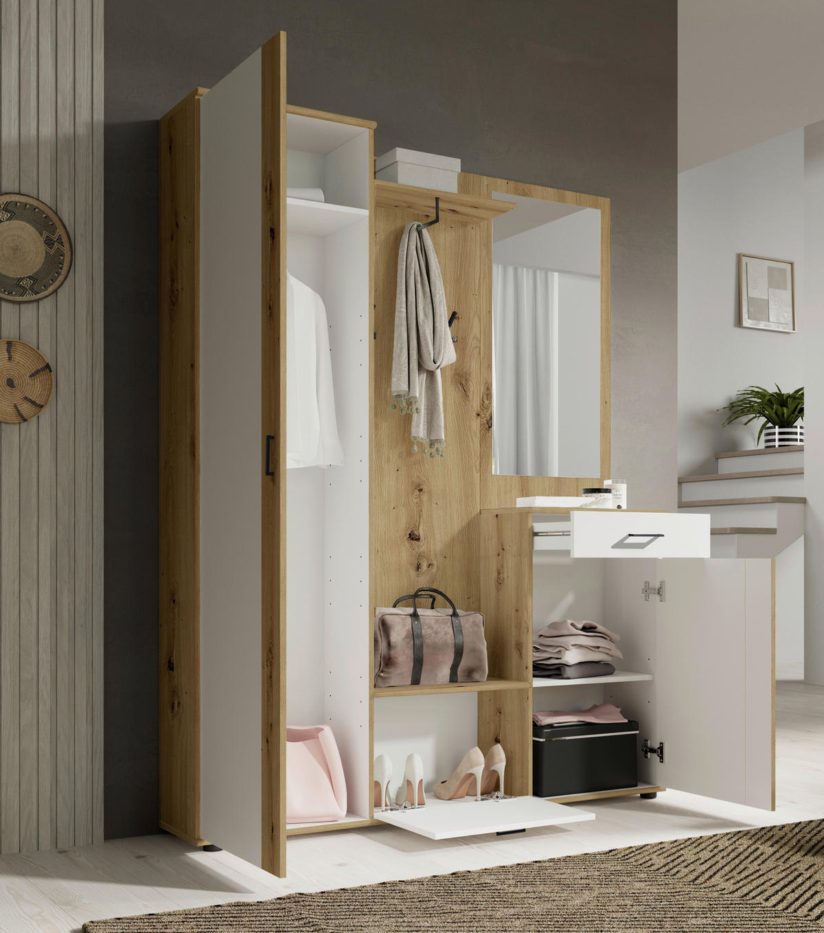 GARDEROBE 5-teilig  in 145/184/29 cm  - Weiss/Eiche Artisan, Design, Holzwerkstoff (145/184/29cm) - MID.YOU