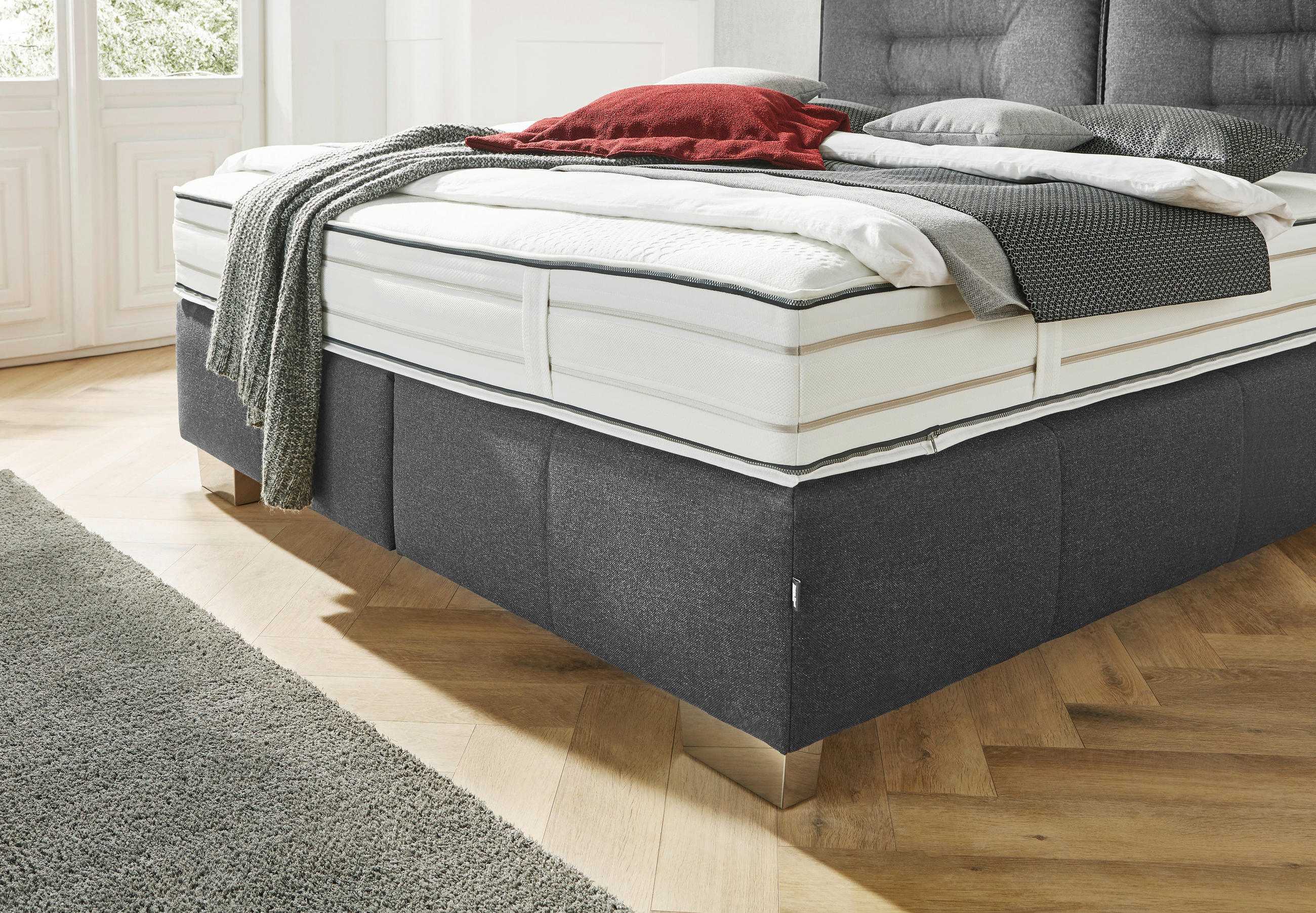Thumbnail - Dieter Knoll Boxspringbett, Grau, Textil, H4, 7-Zonen, Höhe ca. 27 cm, 160x200 cm, gepolstertes Kopfteil, Stoffauswahl, ...