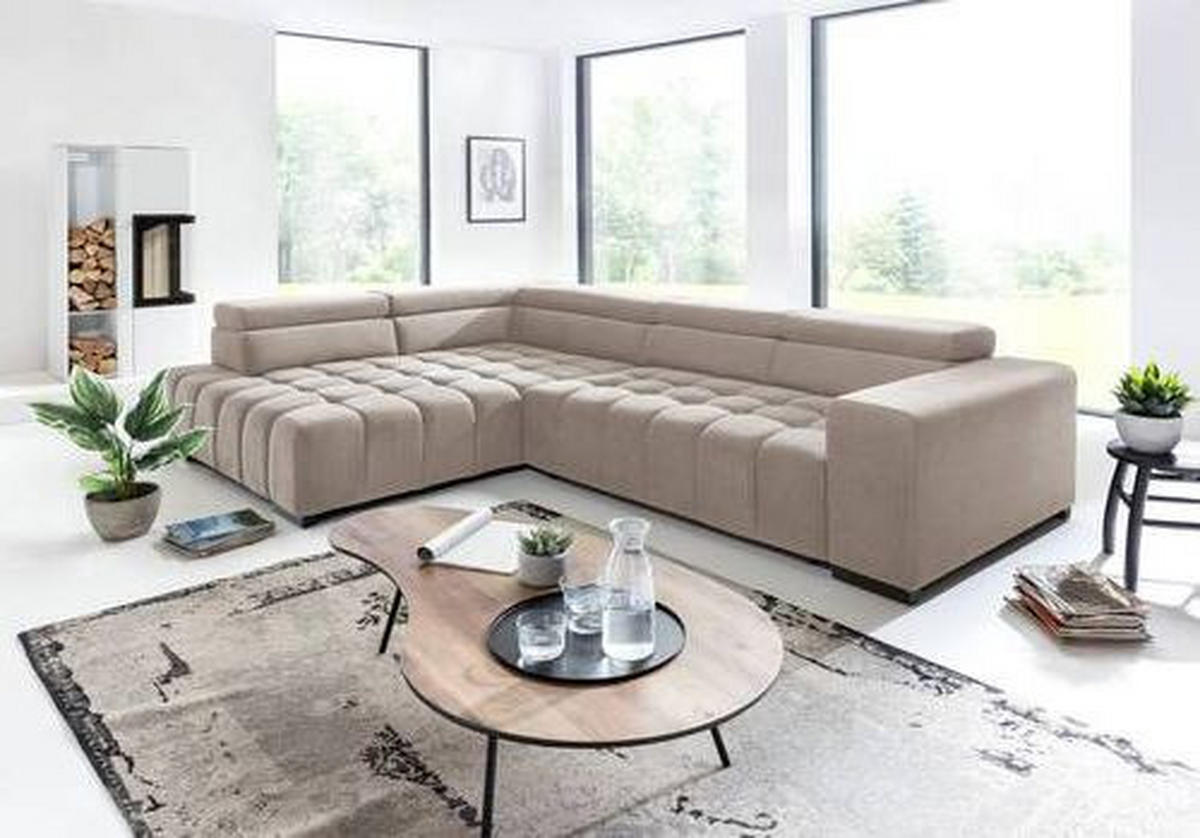 ECKSCHLAFSOFA in Velours Beige  - Beige/Schwarz, Design, Holz/Textil (201/307cm) - Livetastic