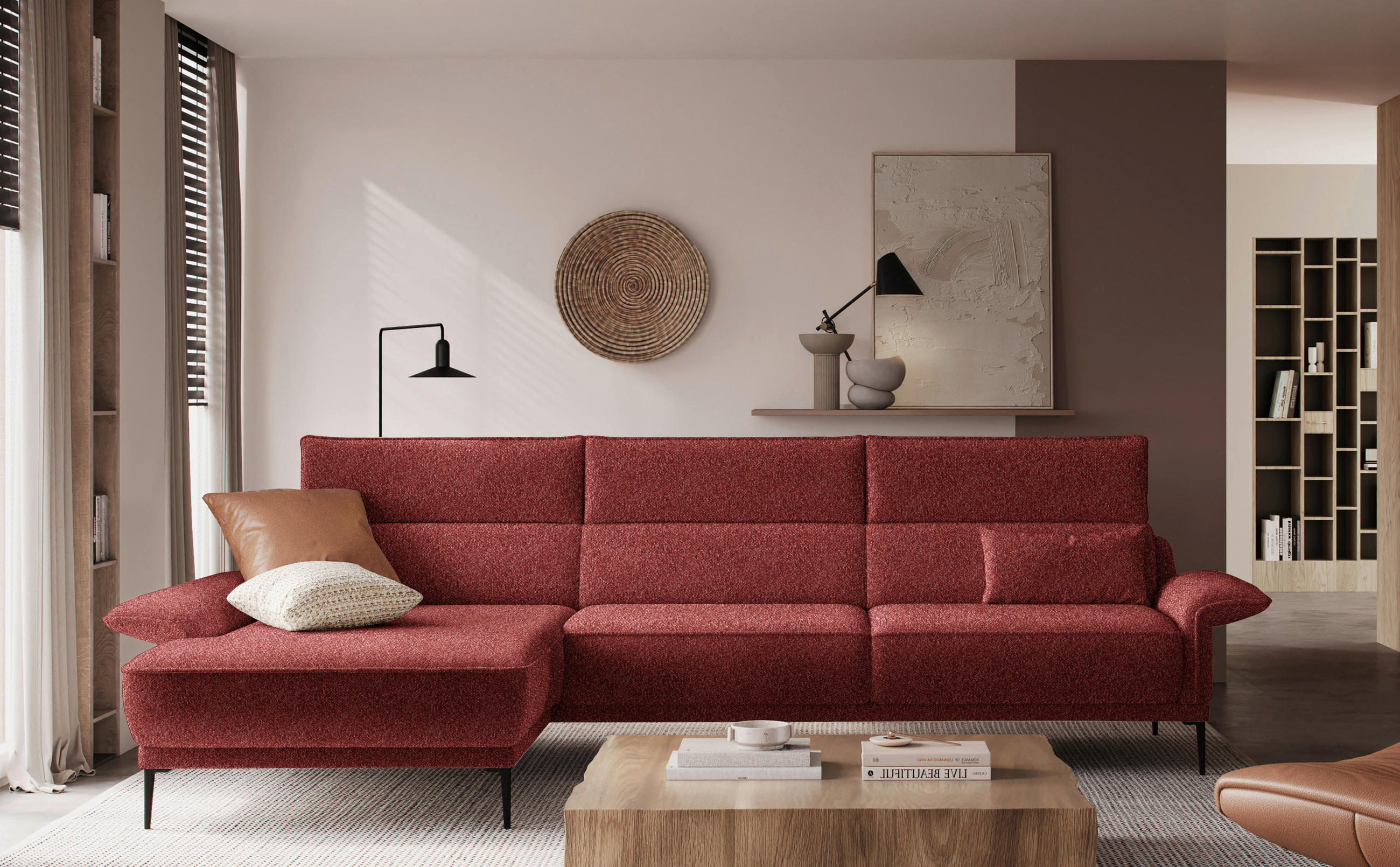 ECKSOFA in Bouclé Rot  - Rot/Schwarz, Modern, Textil/Metall (186/330cm) - Johann Jakob