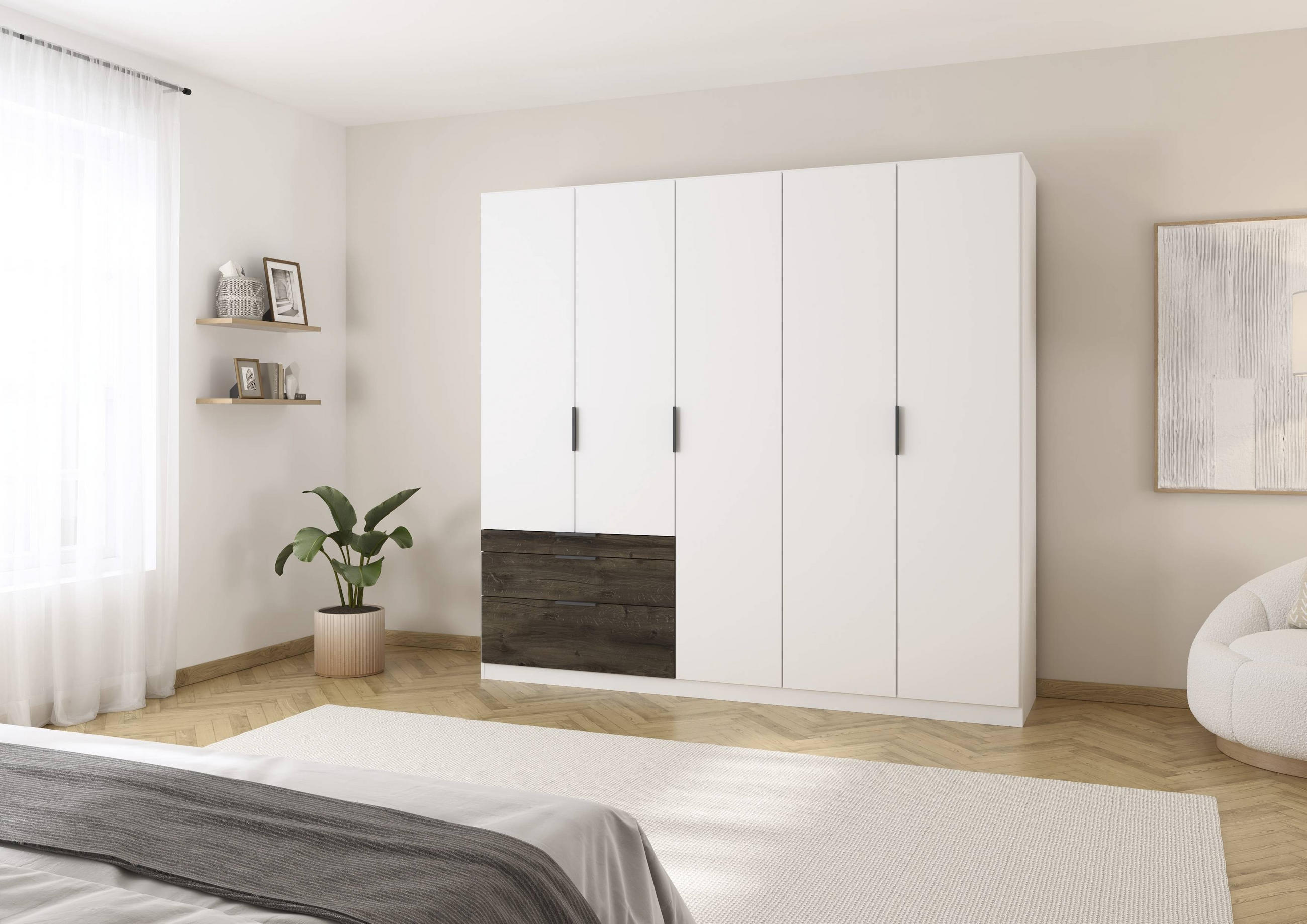 DREHTÜRENSCHRANK 226/210/54 cm 5-türig Weiß, Eiche dunkel  - Eiche dunkel/Dunkelgrau, Basics, Holzwerkstoff/Metall (226/210/54cm) - Boxxx