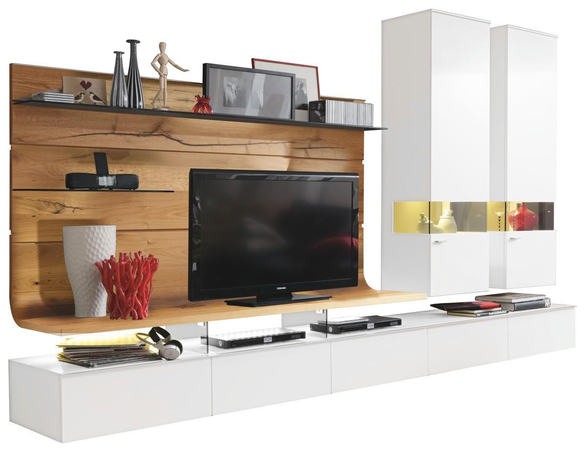 WOHNWAND Eiche furniert Weiß, Eichefarben Befestigungsmaterial - Edelstahlfarben/Eichefarben, Design, Glas/Holz (325/205,7/41,2-55,7cm) - Moderano