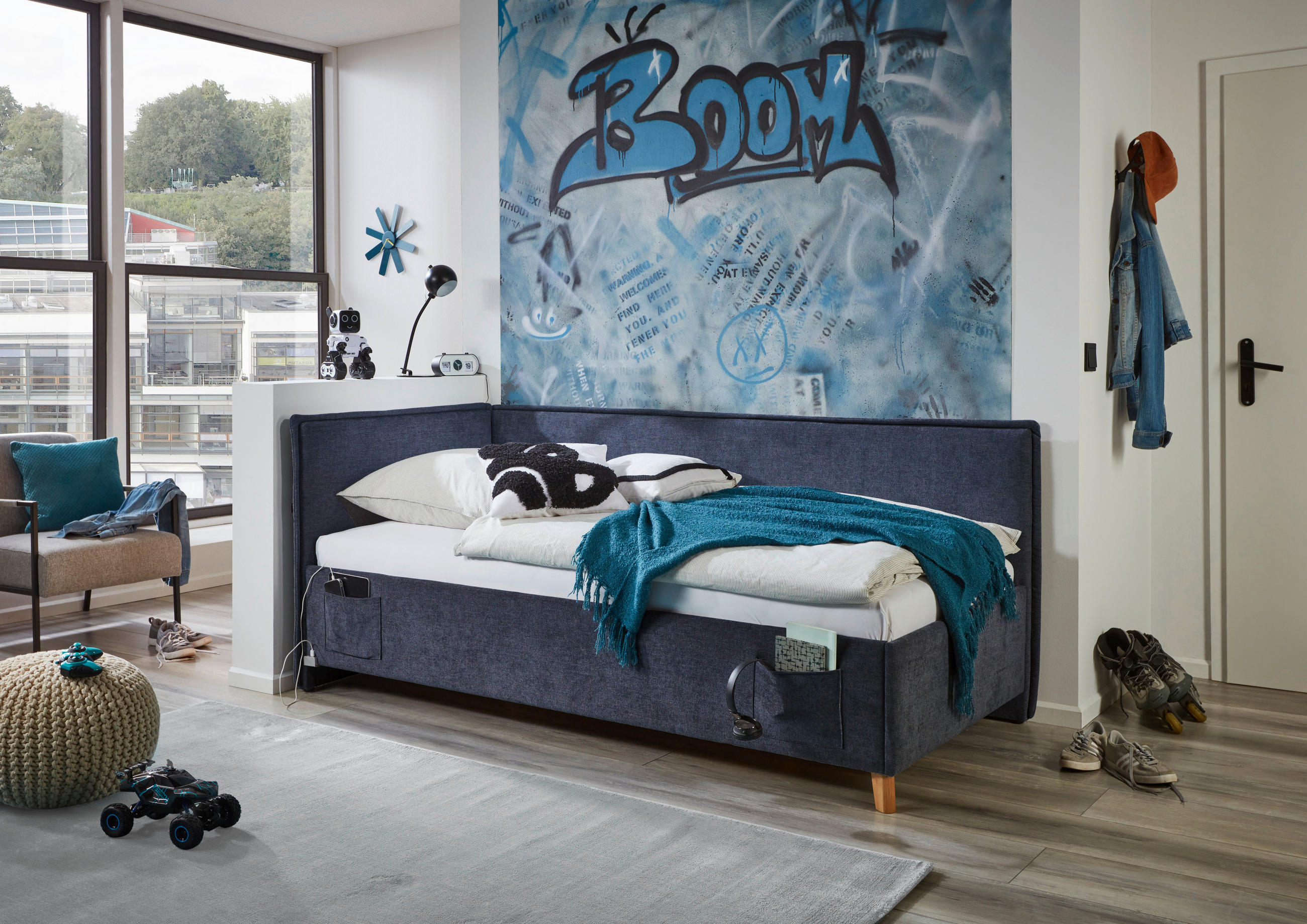 POLSTERLIEGE Flachgewebe Dunkelblau  - Eichefarben/Birkefarben, KONVENTIONELL, Holz/Textil (120/200cm) - Stylife