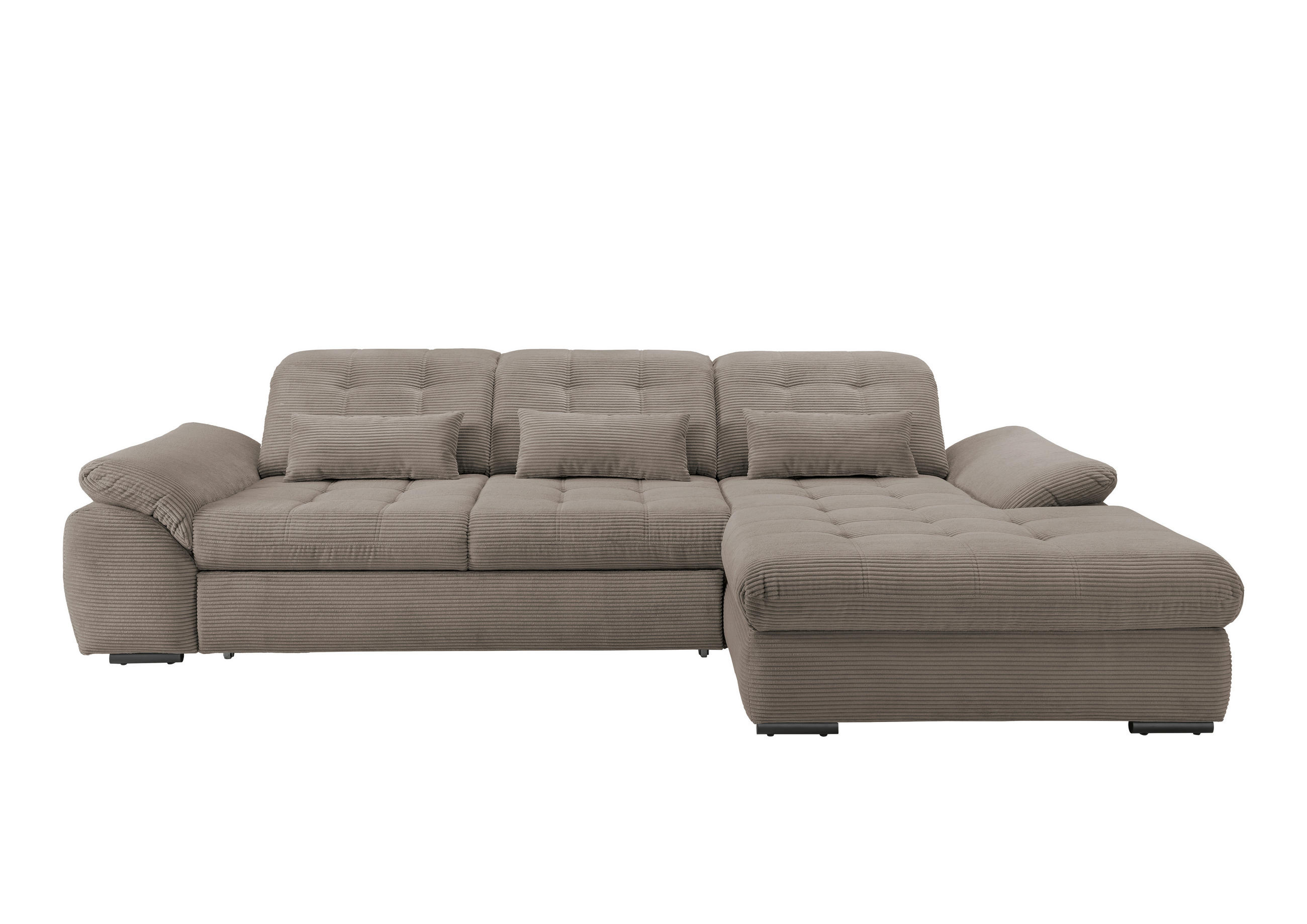 ECKSOFA Graubraun Cord Nierenkissen, Bettkasten, Schlaffunktion, Rücken echt, Kopfteilverstellung, Sitztiefenverstellung, Liegefläche im Originalstoff  - Graubraun/Schwarz, MODERN, Textil/Metall (314/184cm) - P & B