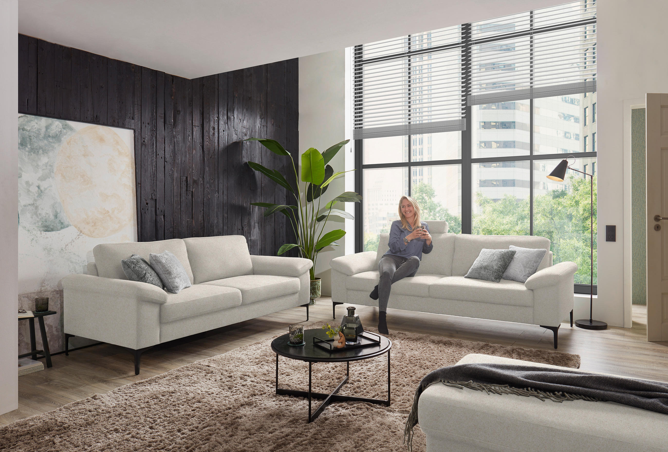 3-SITZER-SOFA in Flachgewebe Naturfarben, Beige  - Beige/Schwarz, Design, Textil/Metall (226/89/97cm) - Pure Home Lifestyle