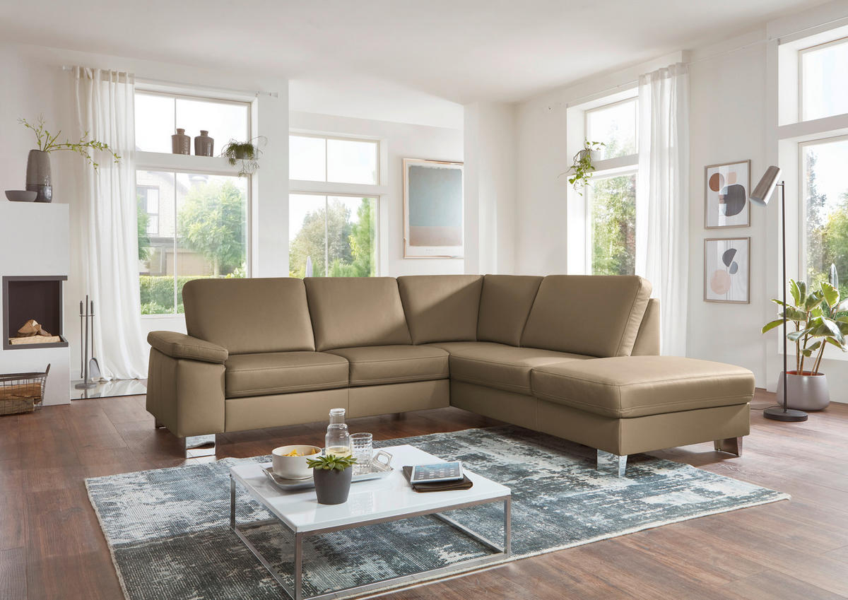 ECKSOFA  in Echtleder Cappuccino  248/235 cm  - Alufarben/Cappuccino, Design, Leder/Metall (248/235cm) - Beldomo Premium