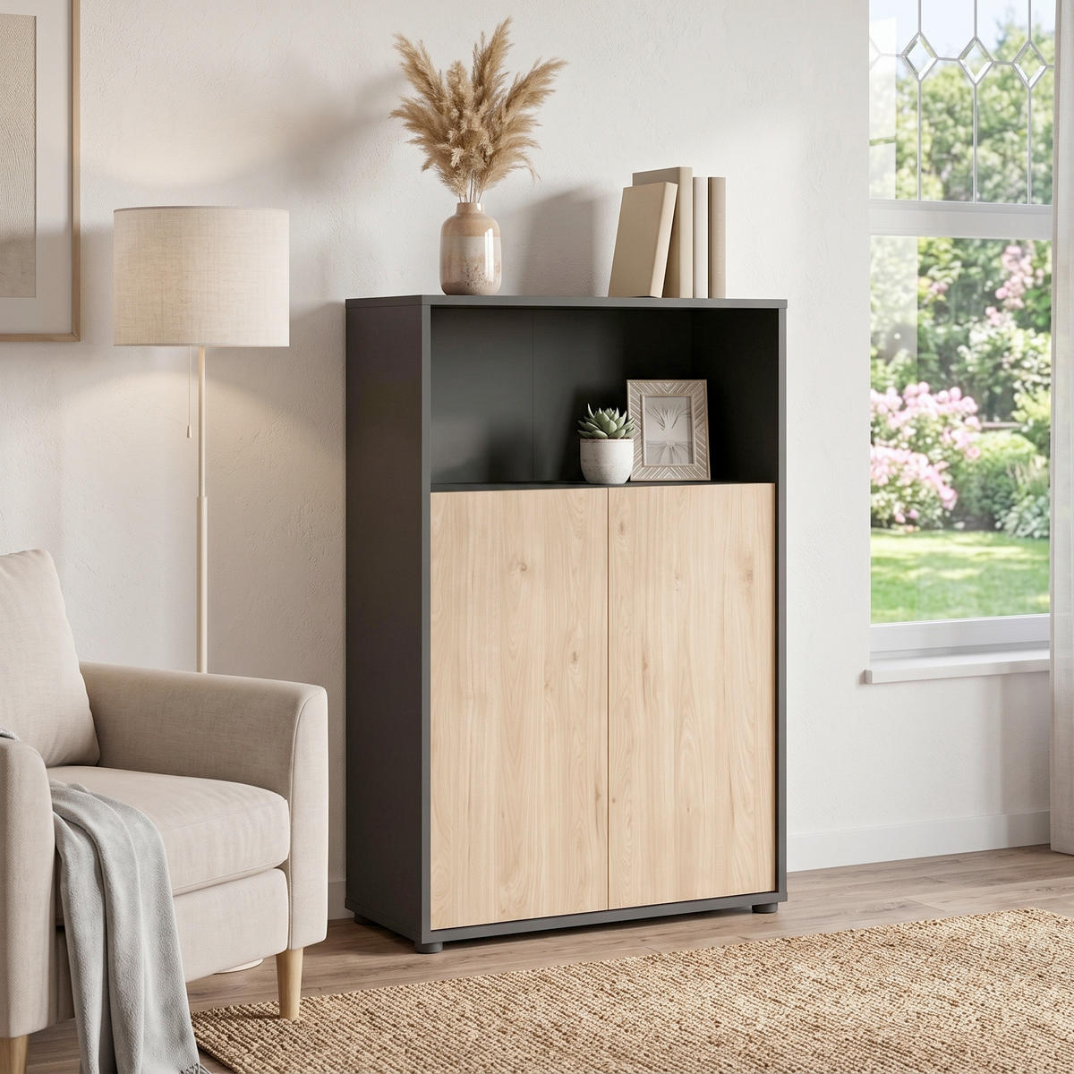 HIGHBOARD    - Eichefarben/Schwarz, MODERN, Holzwerkstoff/Kunststoff (79,6/34,3/123,6cm) - P & B